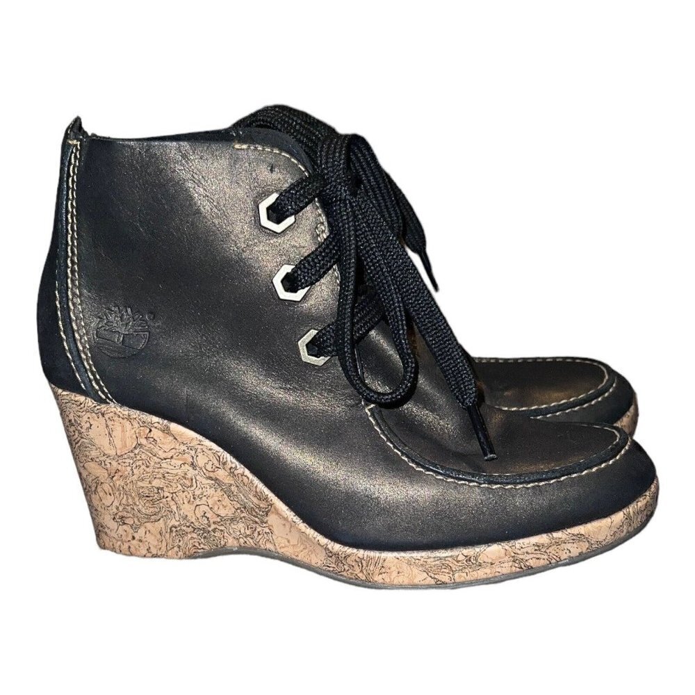 TIMBERLAND Bronze Metallic Leather Ankle Moc Toe Combat Boot Wedge Heel